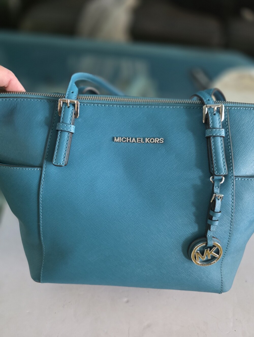 New Michael Kors Turquoise Saffiano Leather Tote with MK Charm
